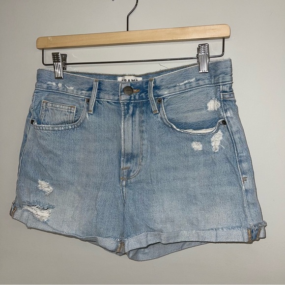 FRAME Jean Shorts Women's Size 27 Light Blue Denim Brigette Raw Hem Distressed - Picture 4 of 10
